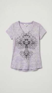 Y2K Lock & Love Cross and Wings Graphic V-Neck T-Shirt Size M Purple